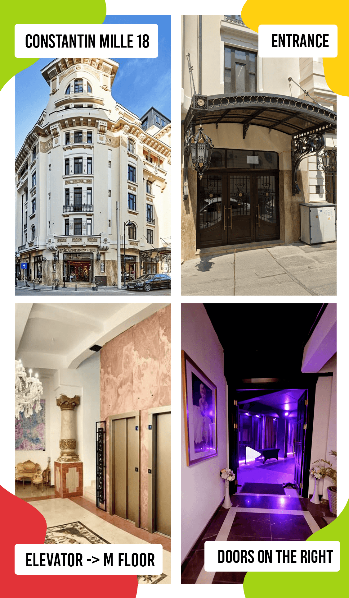 Ghid foto Ginga: clădirea de pe Constantin Mille 18, intrarea cu copertină, liftul și accesul către Studio M.